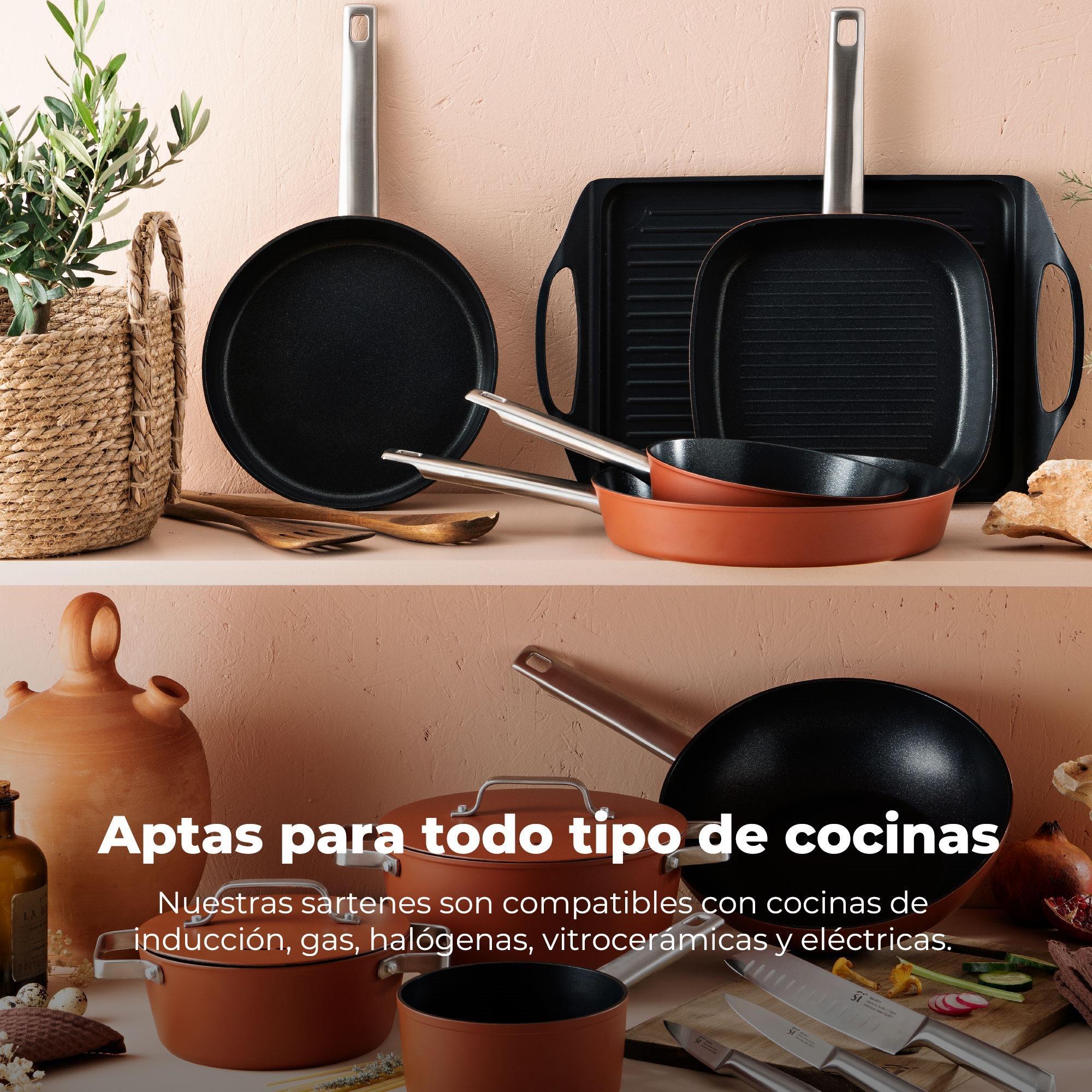 Juego de 3 Sartenes Ø24Ø28Ø30cm + Sartén Grill 24x24cm en Aluminio forjado AGROS San Ignacio