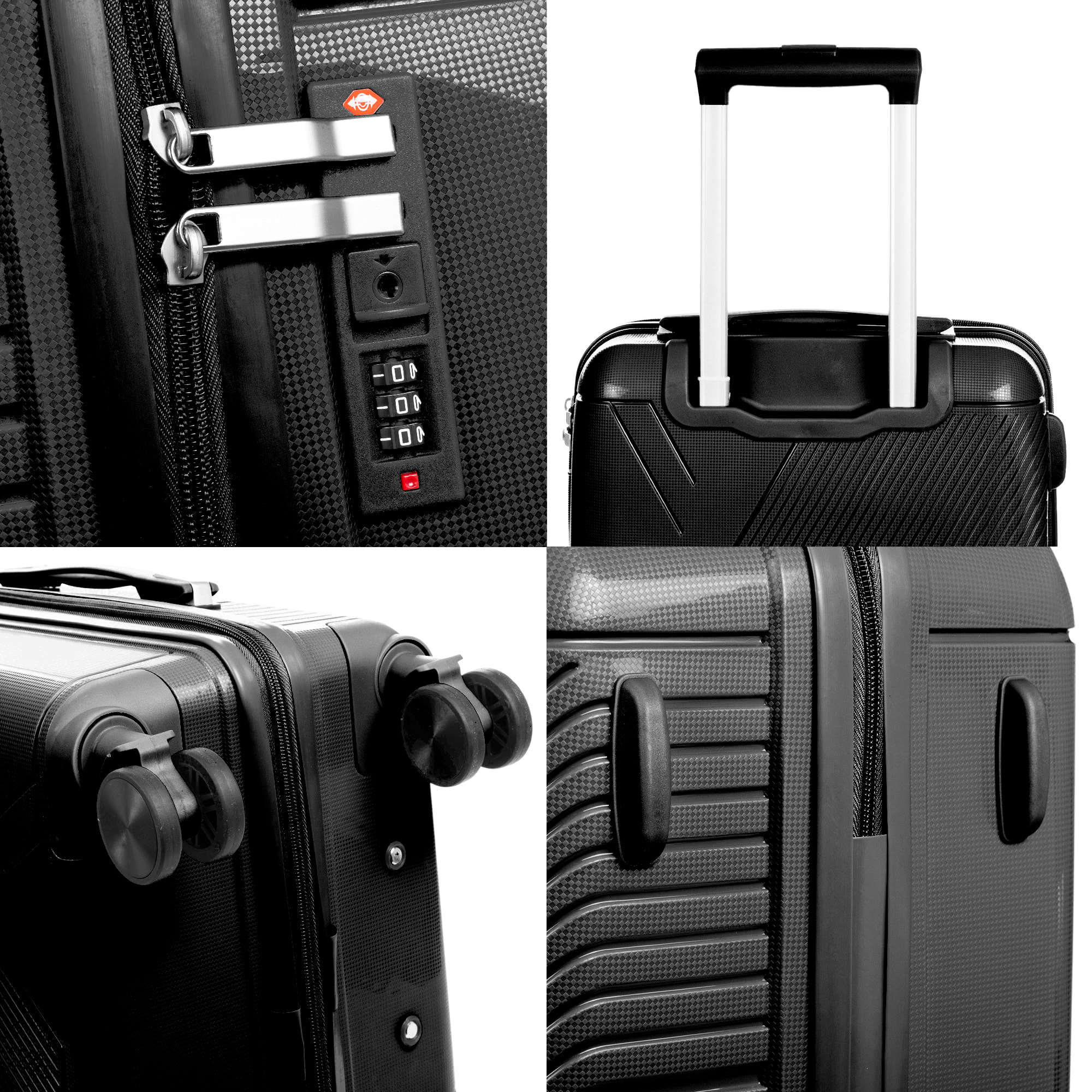Set di 3 valigie Trolley in PP resistente alla rottura. Lucchetto numerico TSA, 4 doppie ruote girevoli a 360°.
