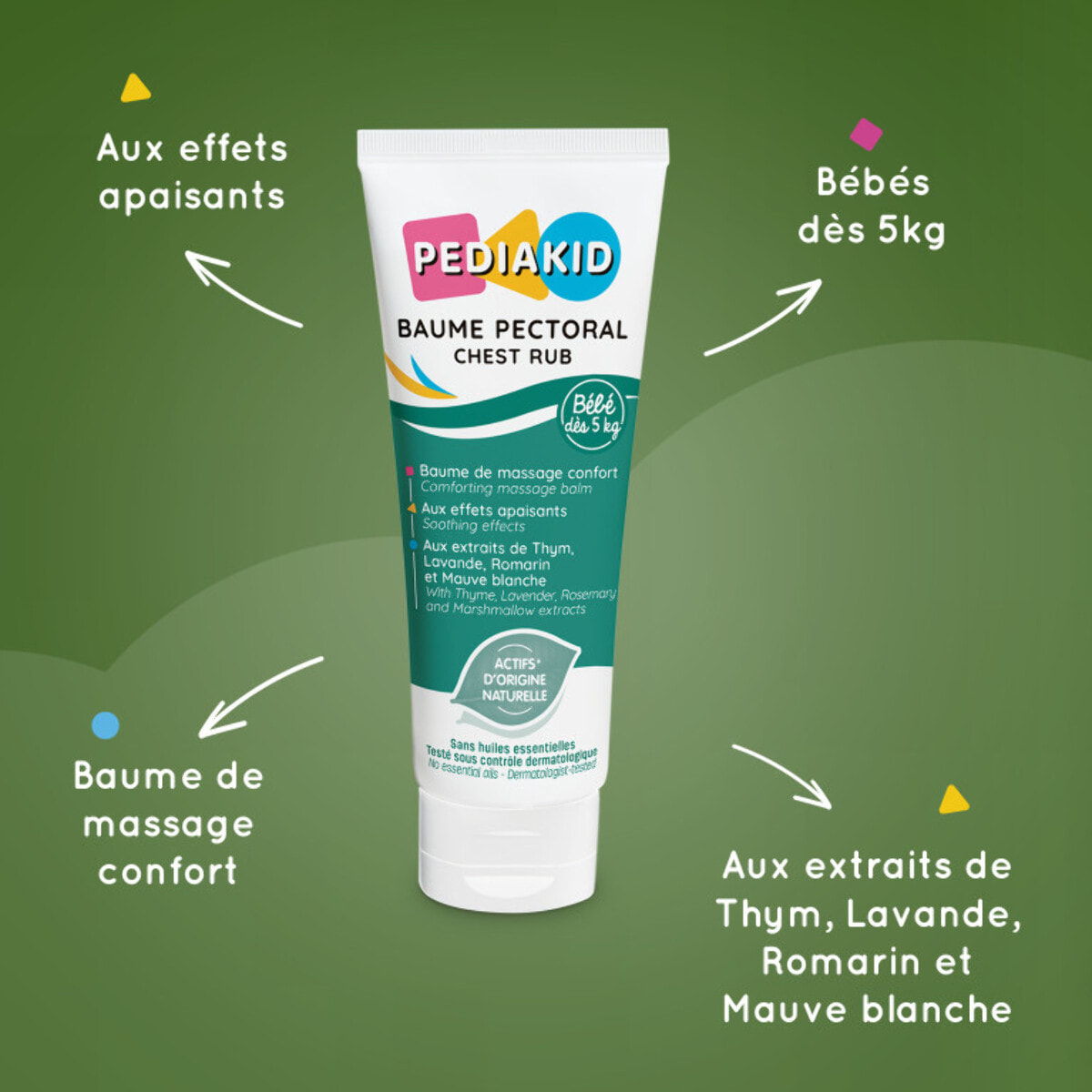 PEDIAKID - Baume Pectoral - Baume de massage confort bébés et jeunes enfants - Aux extraits de Thym, Lavande, Romarin et Mauve Blanche - Sans huiles essentielles - Convient aux bébés dès 5kg