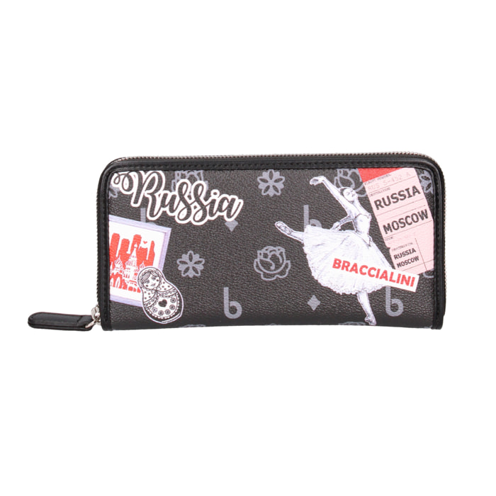 Portafoglio zip round con scomparti interni e stampa. Realizzate in buccia d’arancia con uno sfondo monocolore. 18,5x10,5x3 cm