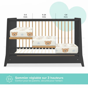 Lit Evolutif Timéo à barreaux 60 x 120 cm, Gris & Bois, En Bois, 3 Hauteurs, Tiroir intégré, Barreaux amovibles