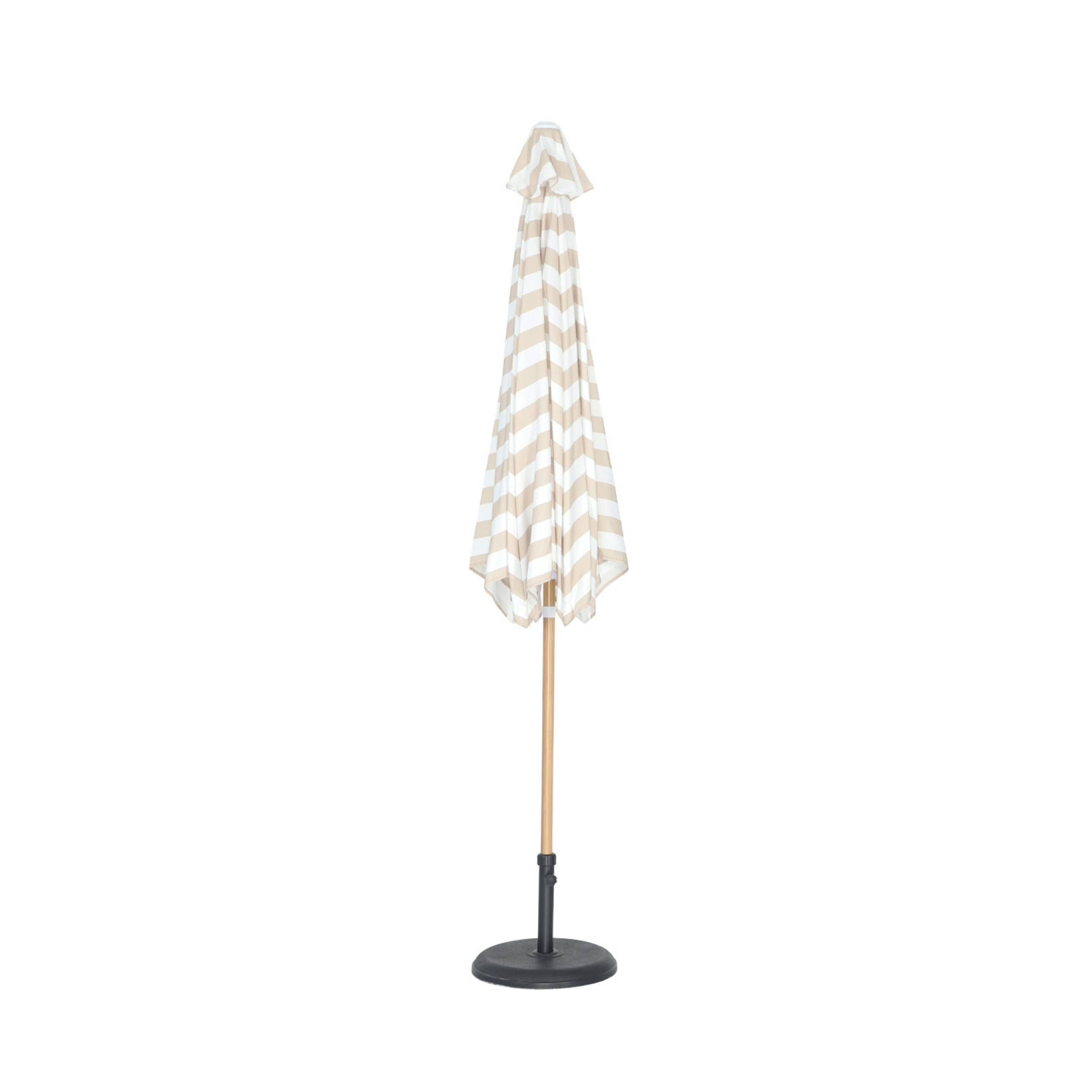 Parasol droit rond rayures beige Ø293cm mât central en aluminium imitation bois. orientable et manivelle d'ouverture