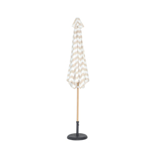 Parasol droit rond rayures beige Ø293cm mât central en aluminium imitation bois. orientable et manivelle d'ouverture