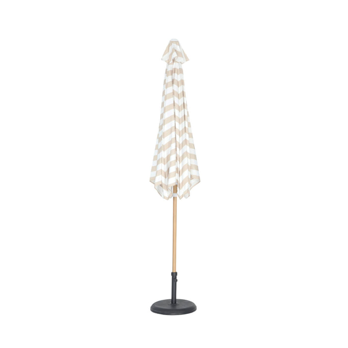 Parasol droit rond rayures beige Ø293cm mât central en aluminium imitation bois. orientable et manivelle d'ouverture