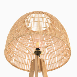 Lampadaire trépied en rotin et bois de teck massif - Corte