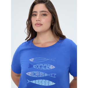 Fiorella Rubino - Camiseta de algodón con estampado y perlas - Azul aciano