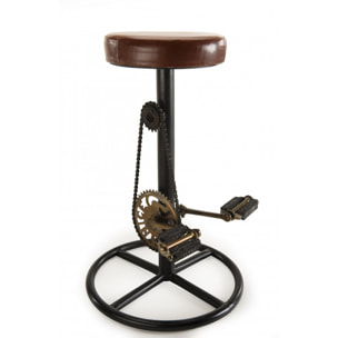 ROBIN - Tabouret de bar industriel cuir marron pieds métal noir déco pédales