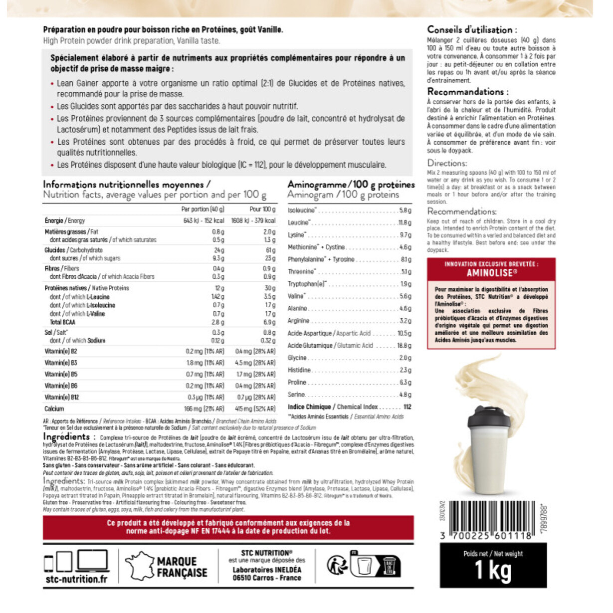 STC NUTRITION - Spécial prise de masse maigre - Ratio Protéine-Glucide 2/1 - Digestion facile - Assimilation optimale - 25 Shakers - Doypack 1kg - Vanille