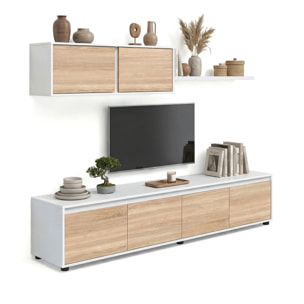 Salón con mueble de TV y estantería en blanco artik y roble canadian 200 cm Arlet Blanco Artik (Blanco Mate) - Roble Canadian