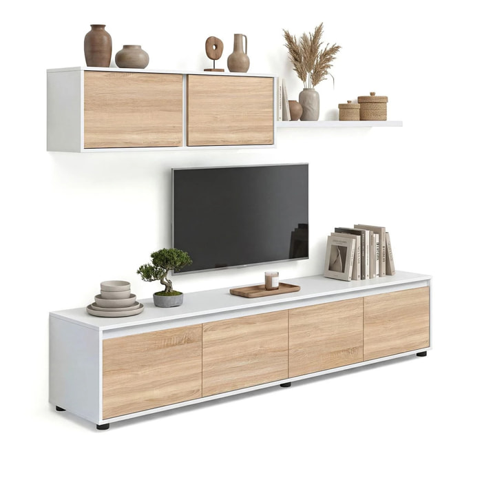 Salón con mueble de TV y estantería en blanco artik y roble canadian 200 cm Arlet Blanco Artik (Blanco Mate) - Roble Canadian