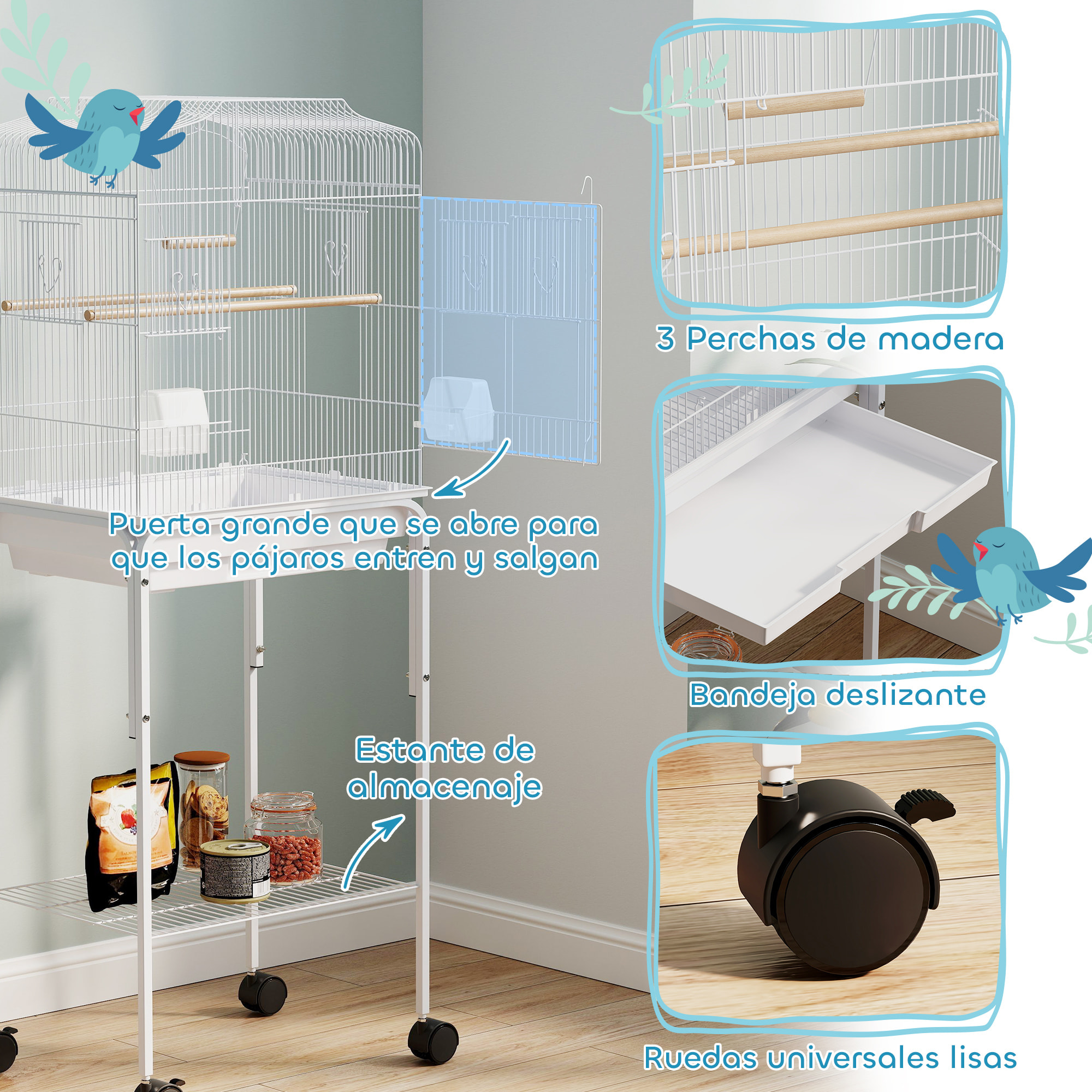 Jaula para Pájaros, Jaula Grande con Ruedas, Estante de Almacenaje, Puertas, 2 Comederos, 2 Perchas, Columpio, Bandeja Extraíble y Asa, para Loro, Canario, Periquito, 46,5x36x124 cm, Blanco