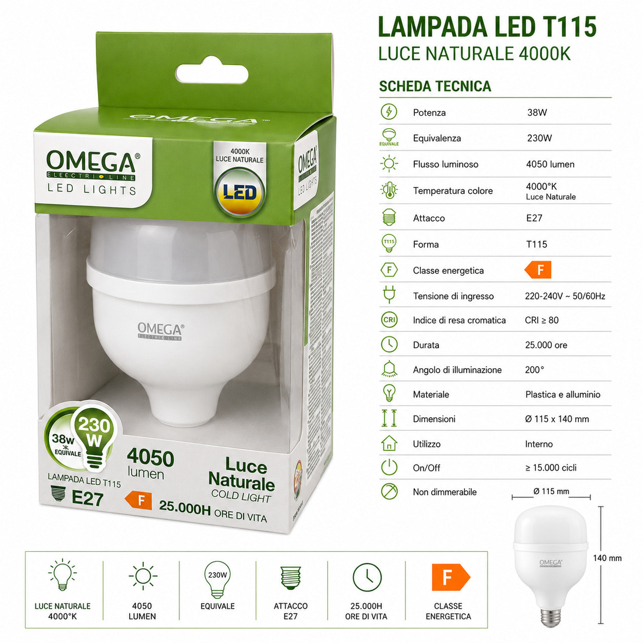 OMEGA Lampada Led Alta Potenza 38W 4050 Lumen E27 4000K