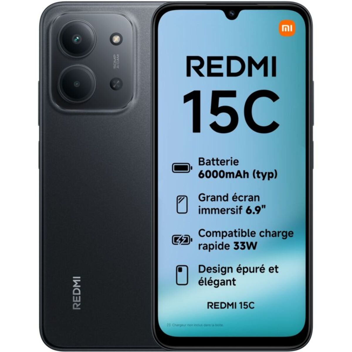 Smartphone XIAOMI Pack Redmi15C 256GoNoir 4G+coque+Chargeu