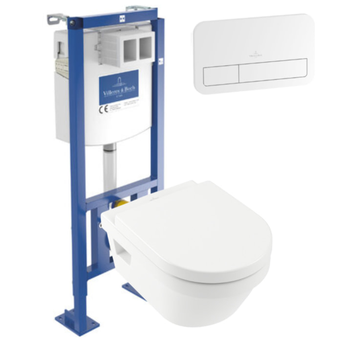 WC suspendu sans bride Architectura + abattant + Bâti-support Villeroy & Boch ViConnect + Plaque de commande