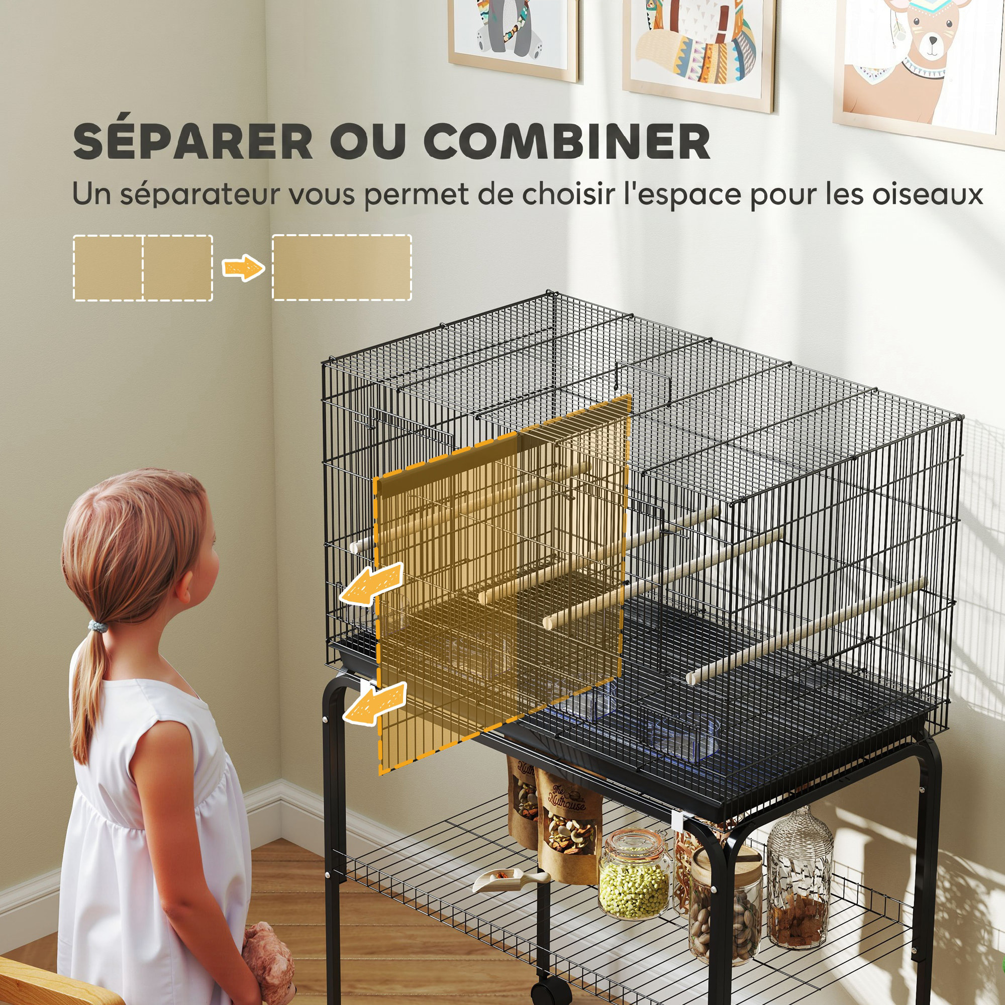 Cage à oiseaux mobile volière acier avec séparateur - 4 perchoirs, mangeoires, portes, trappes, plateau déjection - noir