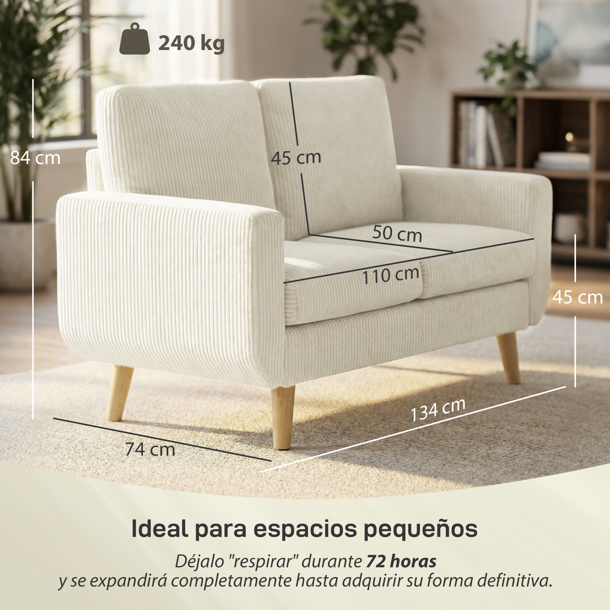 Sofá de 2 Plazas, Tapizado en Pana, Sofá Moderno con Acolchado y Respaldo Grueso, Cojines de Resortes, Patas de Madera, para Dormitorio, Oficina, Sala de Estar, 134x74x84 cm, Blanco Crema