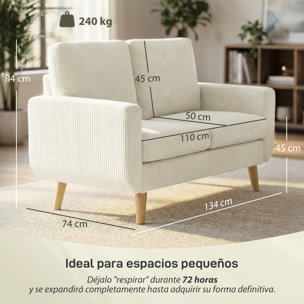 Sofá de 2 Plazas, Tapizado en Pana, Sofá Moderno con Acolchado y Respaldo Grueso, Cojines de Resortes, Patas de Madera, para Dormitorio, Oficina, Sala de Estar, 134x74x84 cm, Blanco Crema