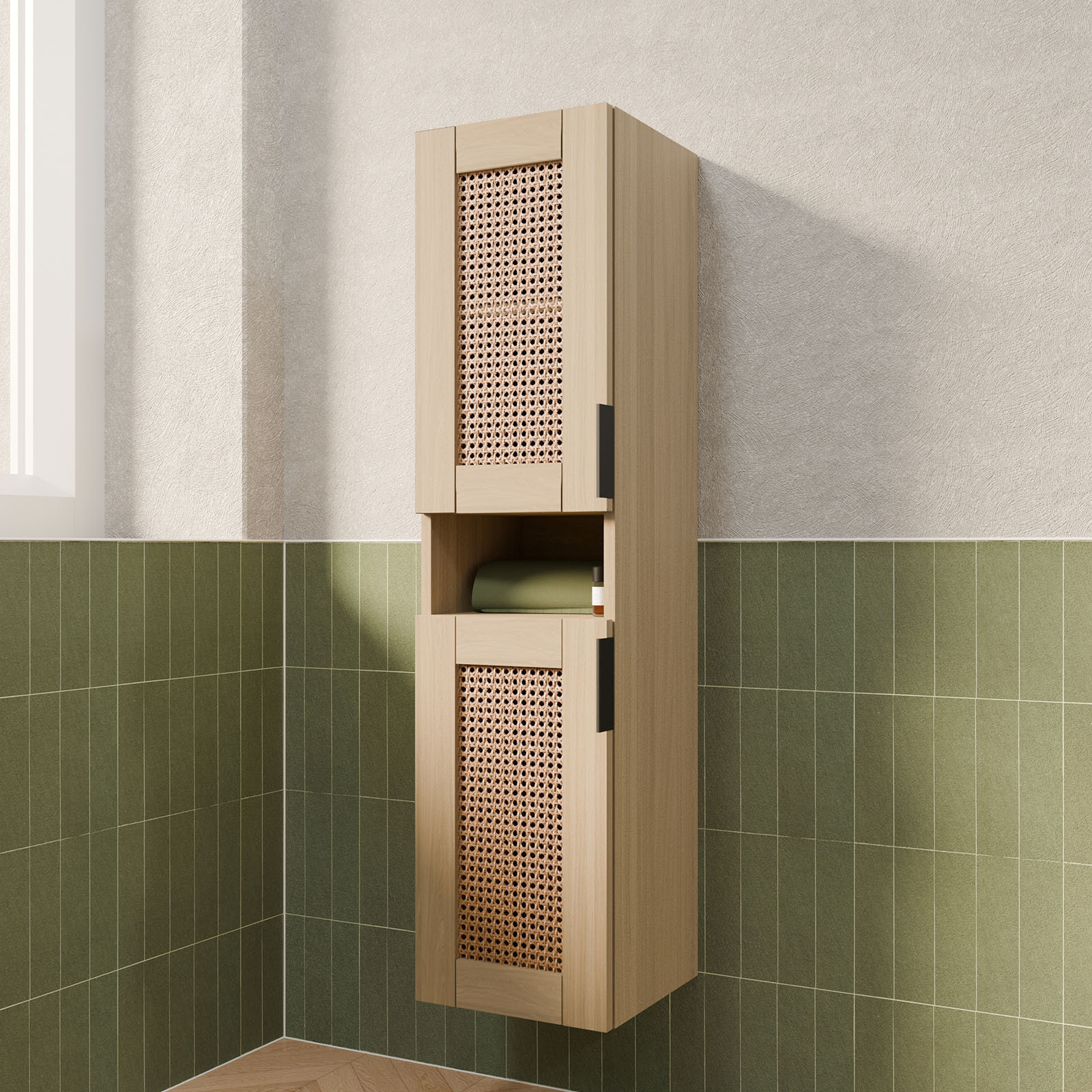 Colonne cannage Apolline 30x30x120 cm décor bois et cannage