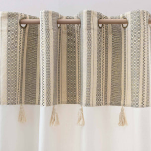 Rideau à œillets polycoton avec top à rayures métallisé et pompons - Naturel