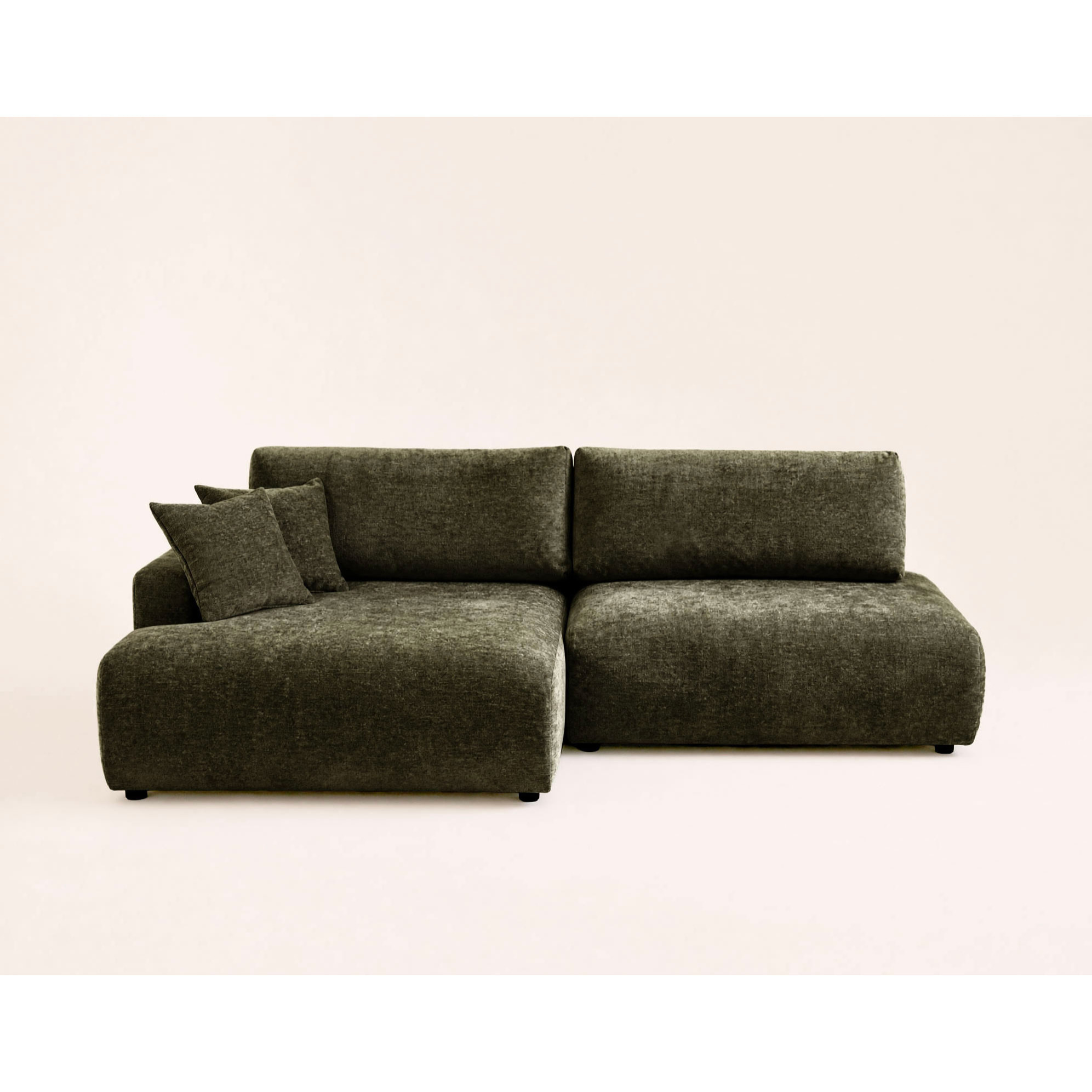 Pivoine - Canapé d'angle ouvert gauche 4 places convertible avec coffre en tissu texturé - Vert Kaki