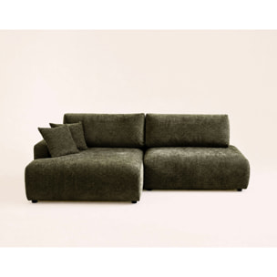 Pivoine - Canapé d'angle ouvert gauche 4 places convertible avec coffre en tissu texturé - Vert Kaki