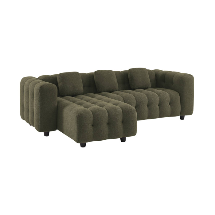 Canapé d'angle réversible 3-4 places bouclette texturée. kaki foncé. capitonné structure bois d'eucalyptus et contreplaqué