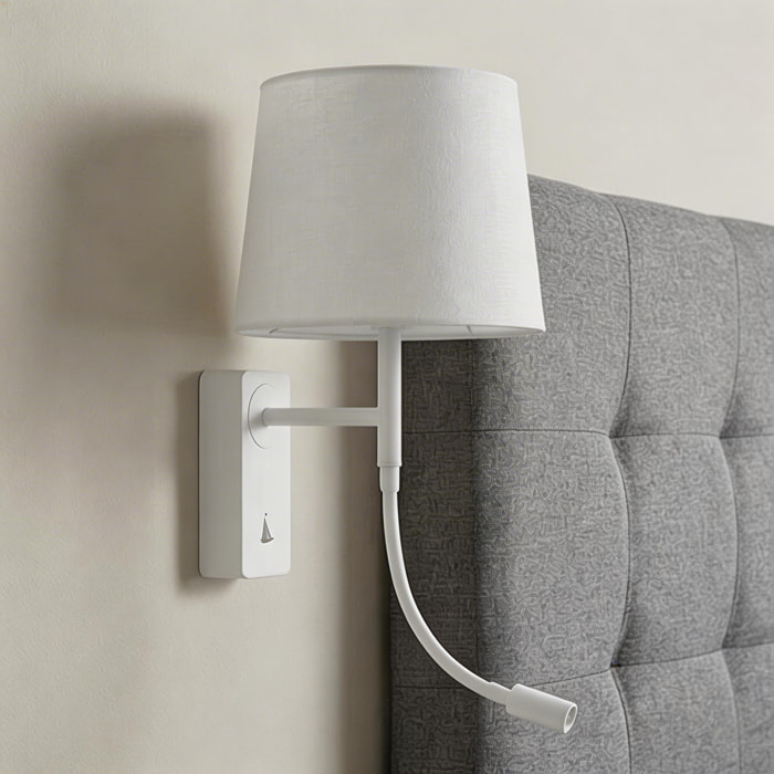 Forlight Janet - Aplique de Pared para Dormitorio E27 Luz de Lectura LED Blanco Cálido 3000K. Aluminio Blanco Pantalla de Textil
