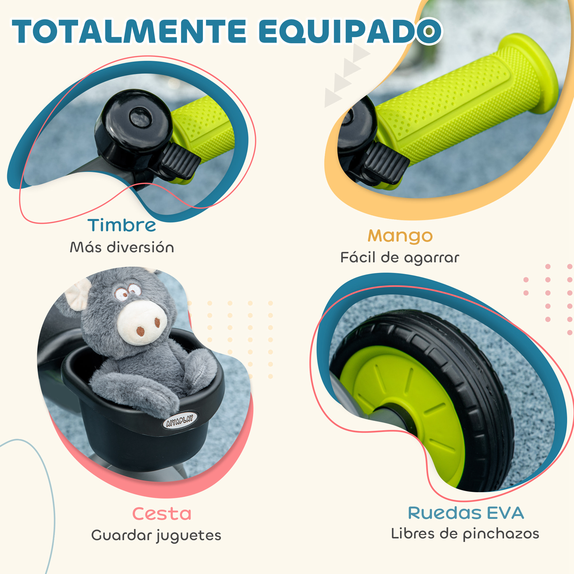 Triciclo para Niños de 2 a 5 Años Bicicleta Infantil con Asiento Ajustable Cesta Timbre Pedales y 3 Ruedas Carga 25 kg 70,5x53x58 cm Gris y Verde