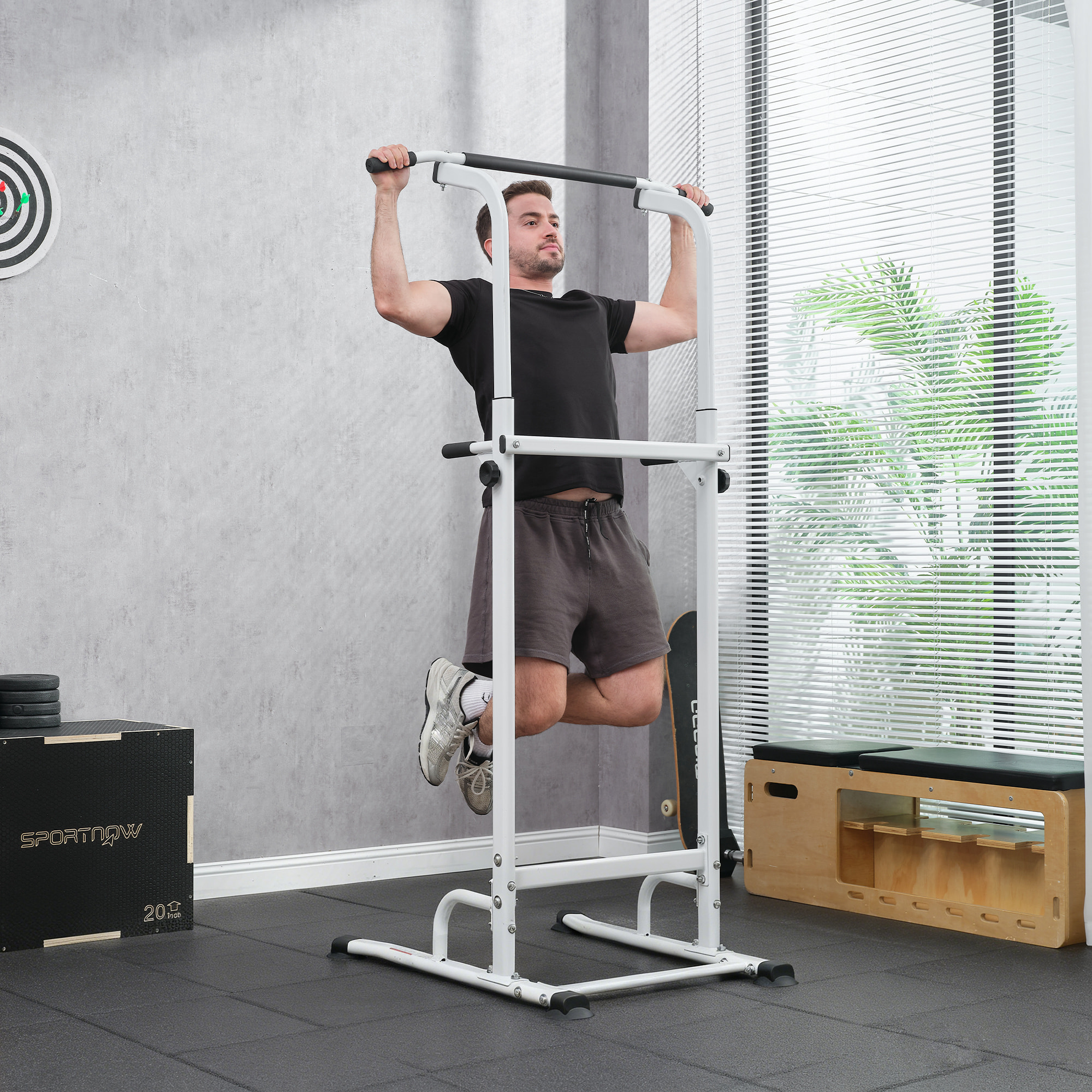 Station de traction et dips - barre de traction autoportante réglable H.176-227cm - acier blanc