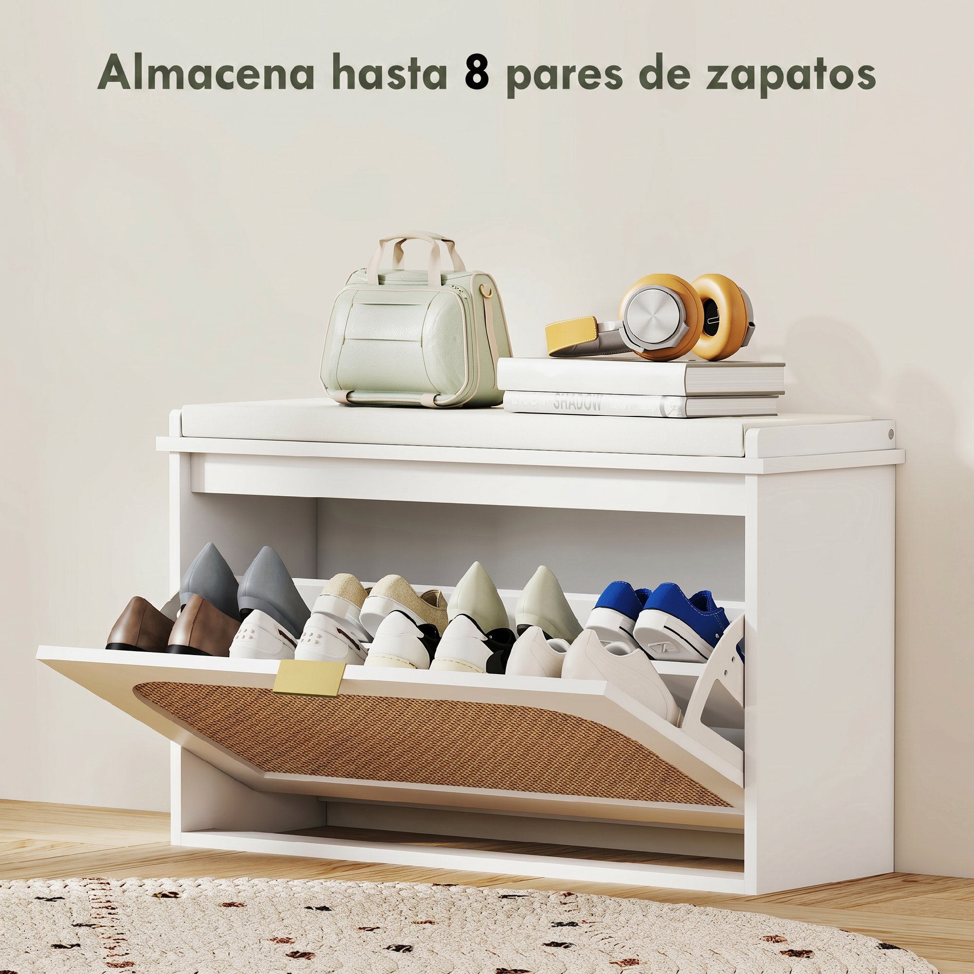 Banco Zapatero Boho, Banco Recibidor Estrecho con Asiento Acolchado, Puerta de Ratán, Cajón Abatible, Estante Ajustable, para 8 Pares de Zapatos, para Entrada, Dormitorio, 80x26x47,5 cm, Blanco