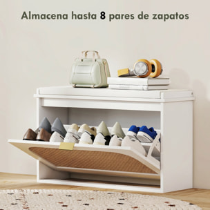 Banco Zapatero Boho, Banco Recibidor Estrecho con Asiento Acolchado, Puerta de Ratán, Cajón Abatible, Estante Ajustable, para 8 Pares de Zapatos, para Entrada, Dormitorio, 80x26x47,5 cm, Blanco