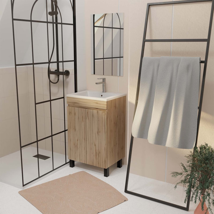 Meuble de Salle de Bains 50 cm Décor Chêne Naturel - Vasque Blanche et Miroir 42x66