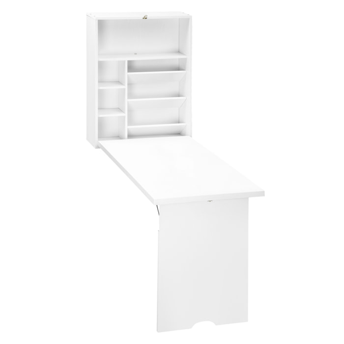 Bureau pliable rabattable - bureau bibliothèque 2 en 1 - étagères - blanc