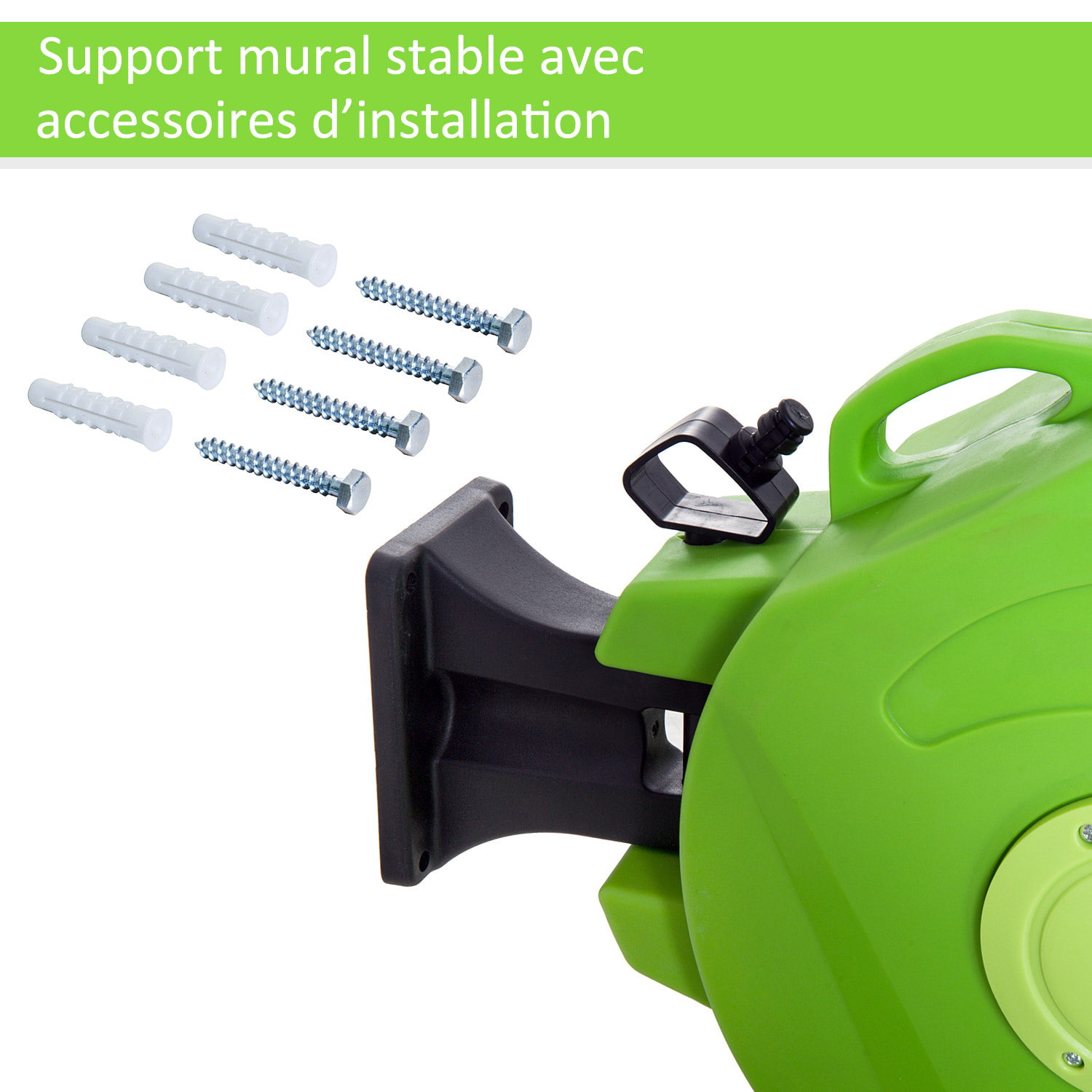 Dévidoir mural enrouleur automatique pivotant 180° tuyau 20 + 2 m avec lance arrosage support mural intégré vert