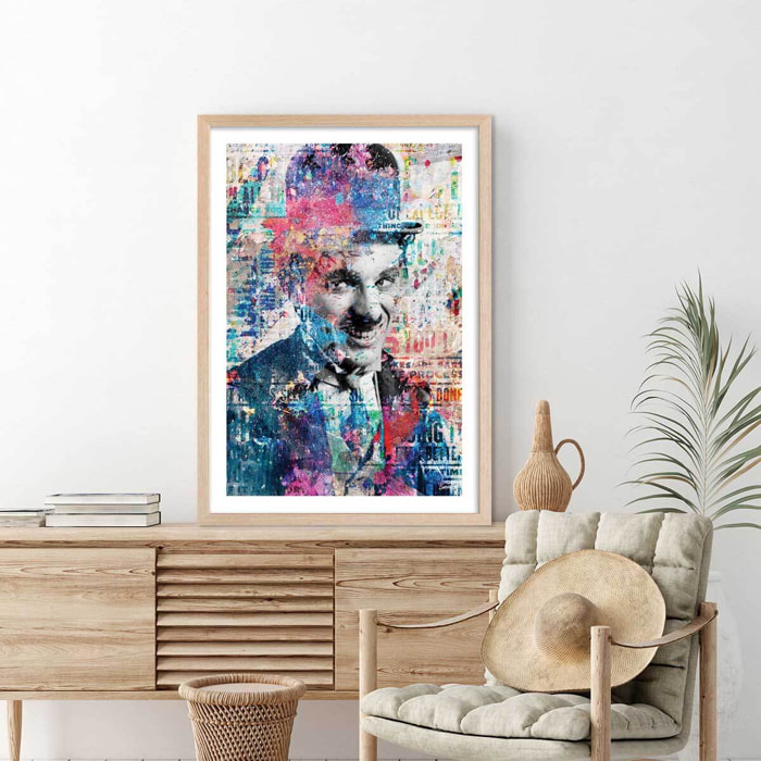 Affiche illustration graffiti chaplin Affiche + cadre en bois - Chêne