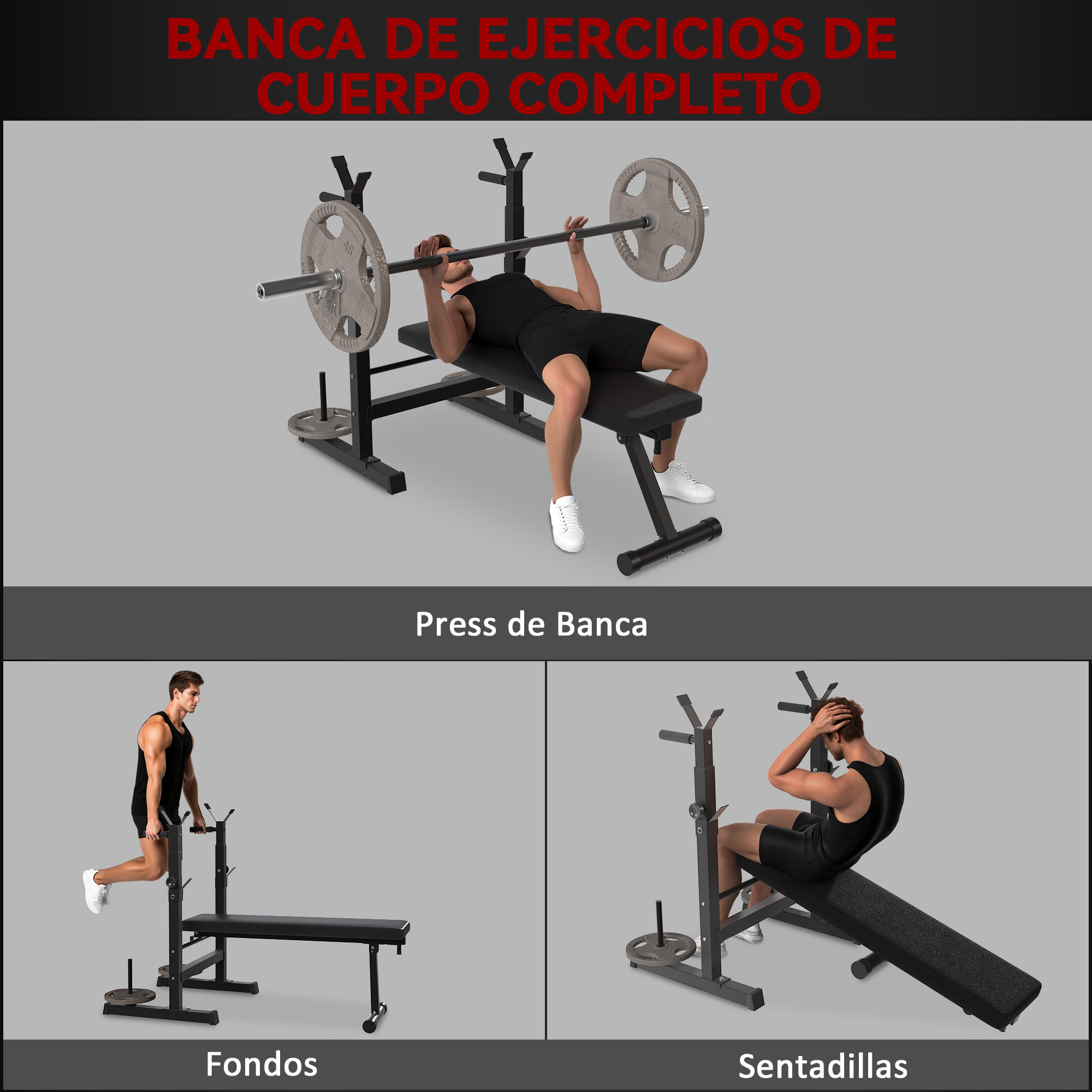 Banco de Musculación Multifuncional Plegable, Banco de Pesas, Press Banca con Soporte para Barras Ajustable y Estación de Dips, Carga 220 kg, para Entrenamiento Completo en Casa Gimnasio