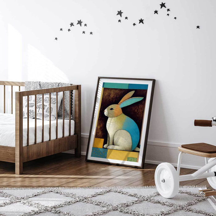 Affiche enfant lapin dans la boîte  Affiche sous cadre noir