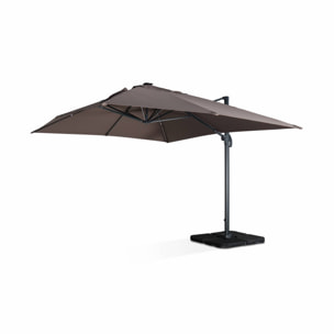 Parasol déporté solaire LED rectangulaire 3x4m haut de gamme - Luce Taupe - Parasol excentré inclinable. rabattable et rotatif à 360°. chargeur solaire