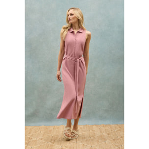 Vestito rosa cipria smanicato e abbottonato con monogramma ricamato