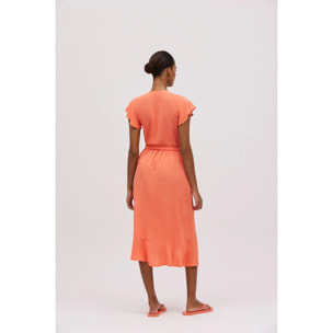 Abito midi a portafoglio color corallo a maniche corte