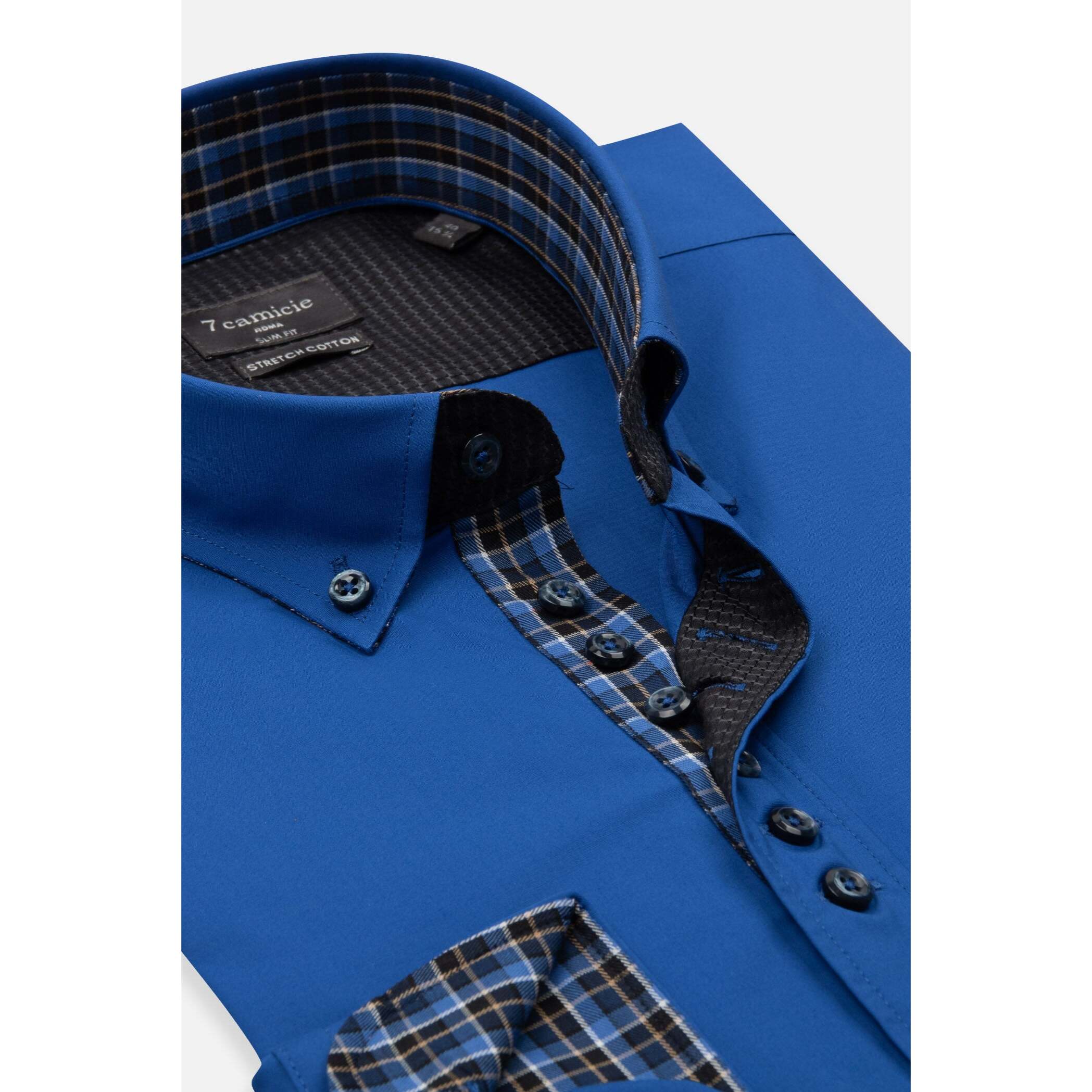 Camicia Uomo 1 Bottoni Button Down Slim Popeline Stretch Unito Bluette
