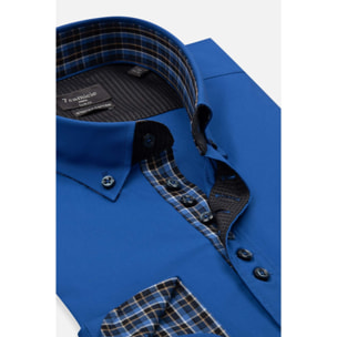 Camicia Uomo 1 Bottoni Button Down Slim Popeline Stretch Unito Bluette