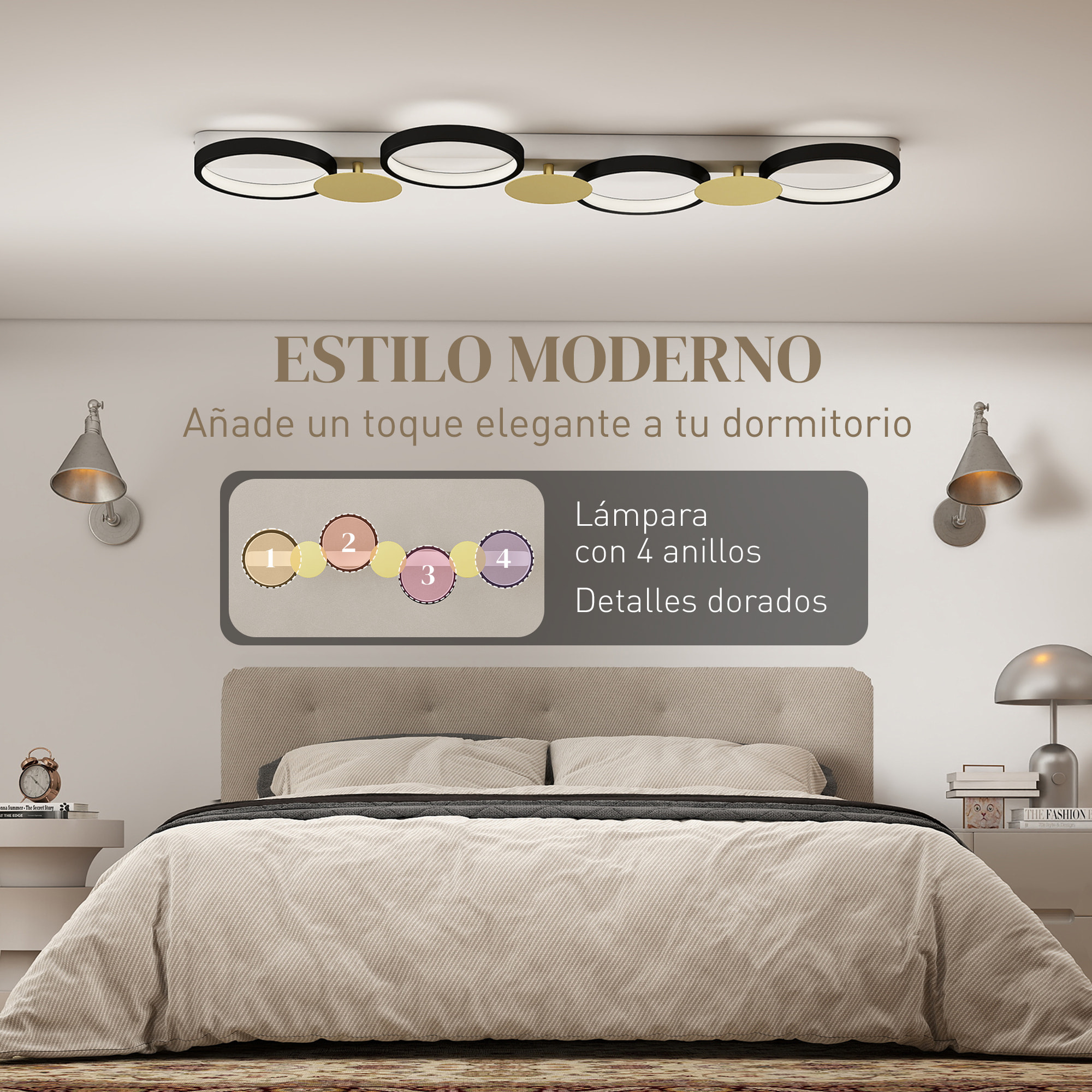Lámpara de Techo Regulable con 4 Focos, Plafón LED de Techo con Mando a Distancia, Modos de Escena, 1500 lm, 38 W, 3000 K-6500 K, para Salón, Dormitorio, Oficina, Negro y Dorado