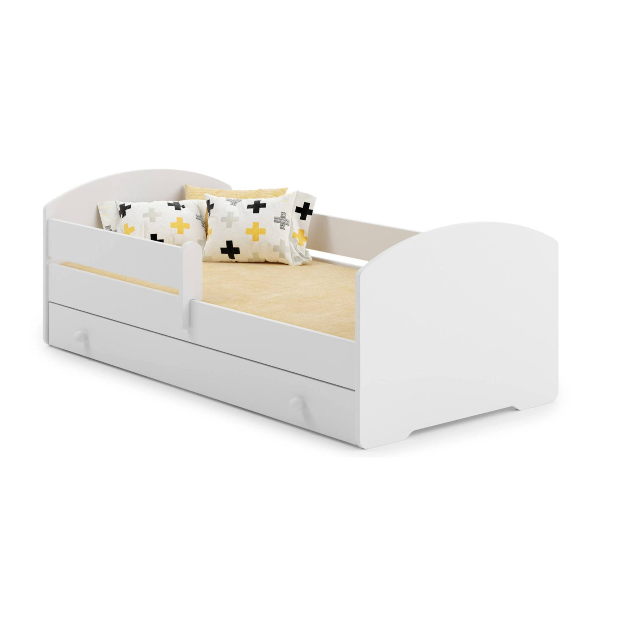 Letto singolo per bambini, Lettino con cassettone e protezione anticaduta, con testiera tonda, cm 164x88h63, colore Bianco