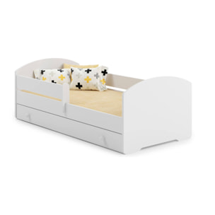 Letto singolo per bambini, Lettino con cassettone e protezione anticaduta, con testiera tonda, cm 164x88h63, colore Bianco