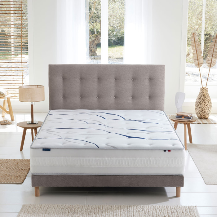 Ensemble matelas mémoire de forme MEMORIA avec sommier et tête de lit, chenille bouclettes gris clair