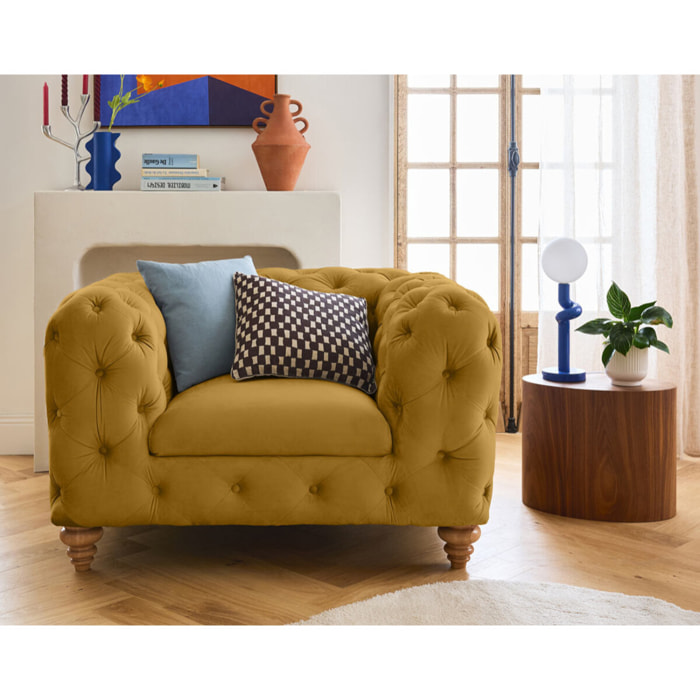 Walter - fauteuil chesterfield en velours - pieds bois - Jaune