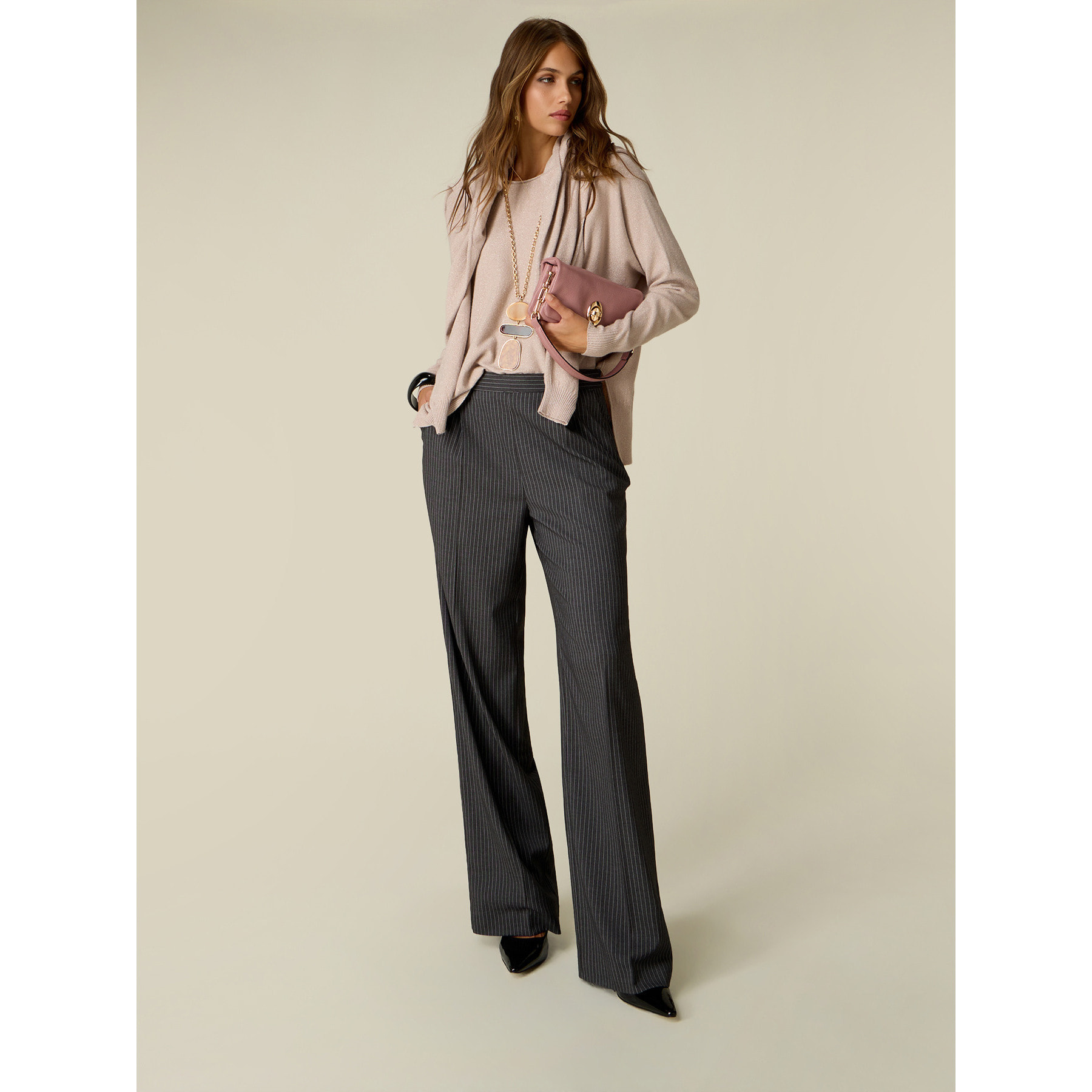 Oltre - Pantalones palazzo a rayas - Gris