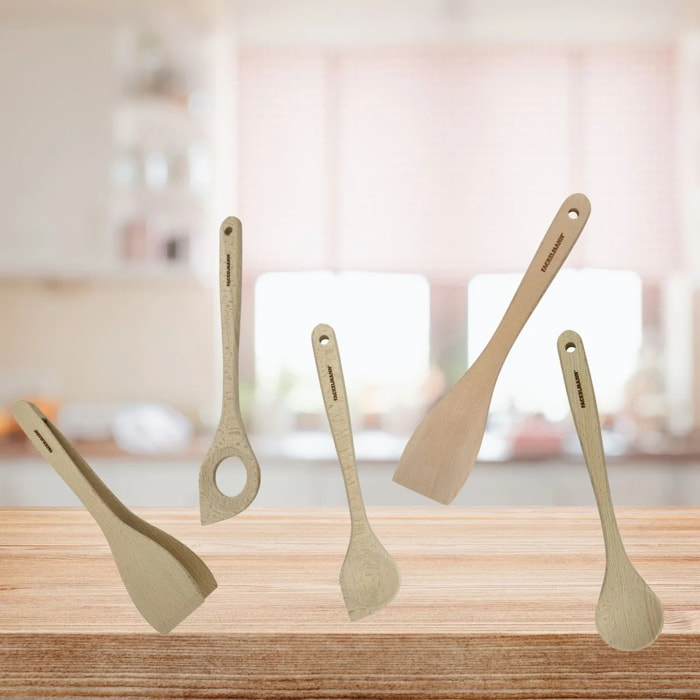 Ensemble de pince, spatule et cuillères en bois FSC Fackelmann Nature