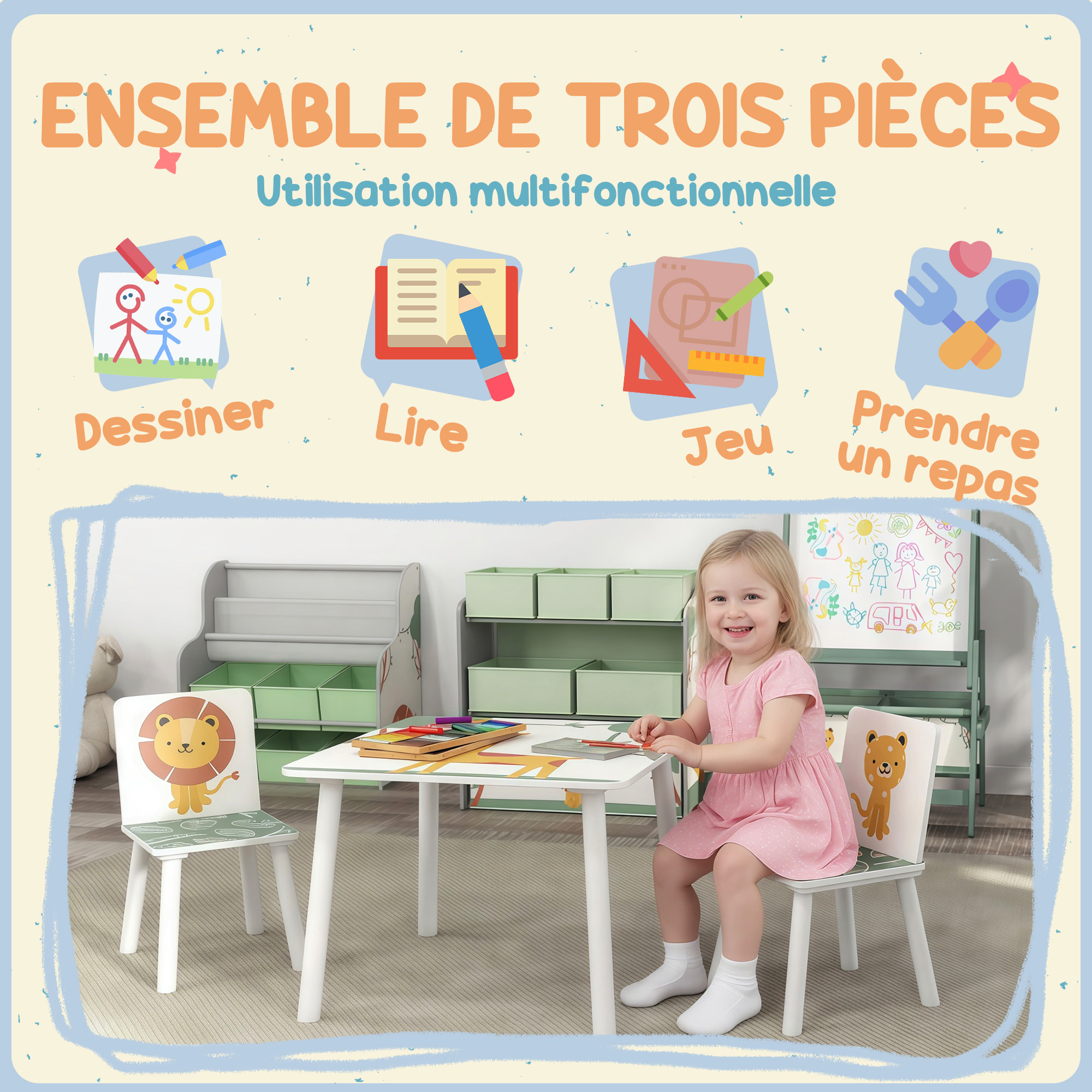 Ensemble table et chaises enfant design savane animaux bois pin MDF blanc vert